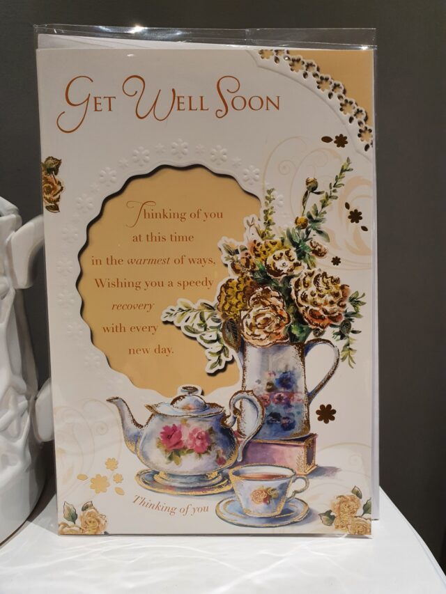 Get Well Soon Floral Gold Tea Greetings Card