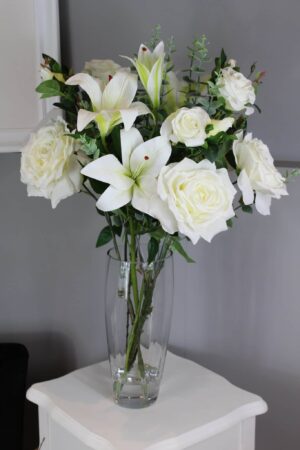 artificial rose and lily arrangement