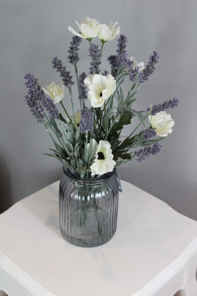 white poppy and lavender flower arrangement